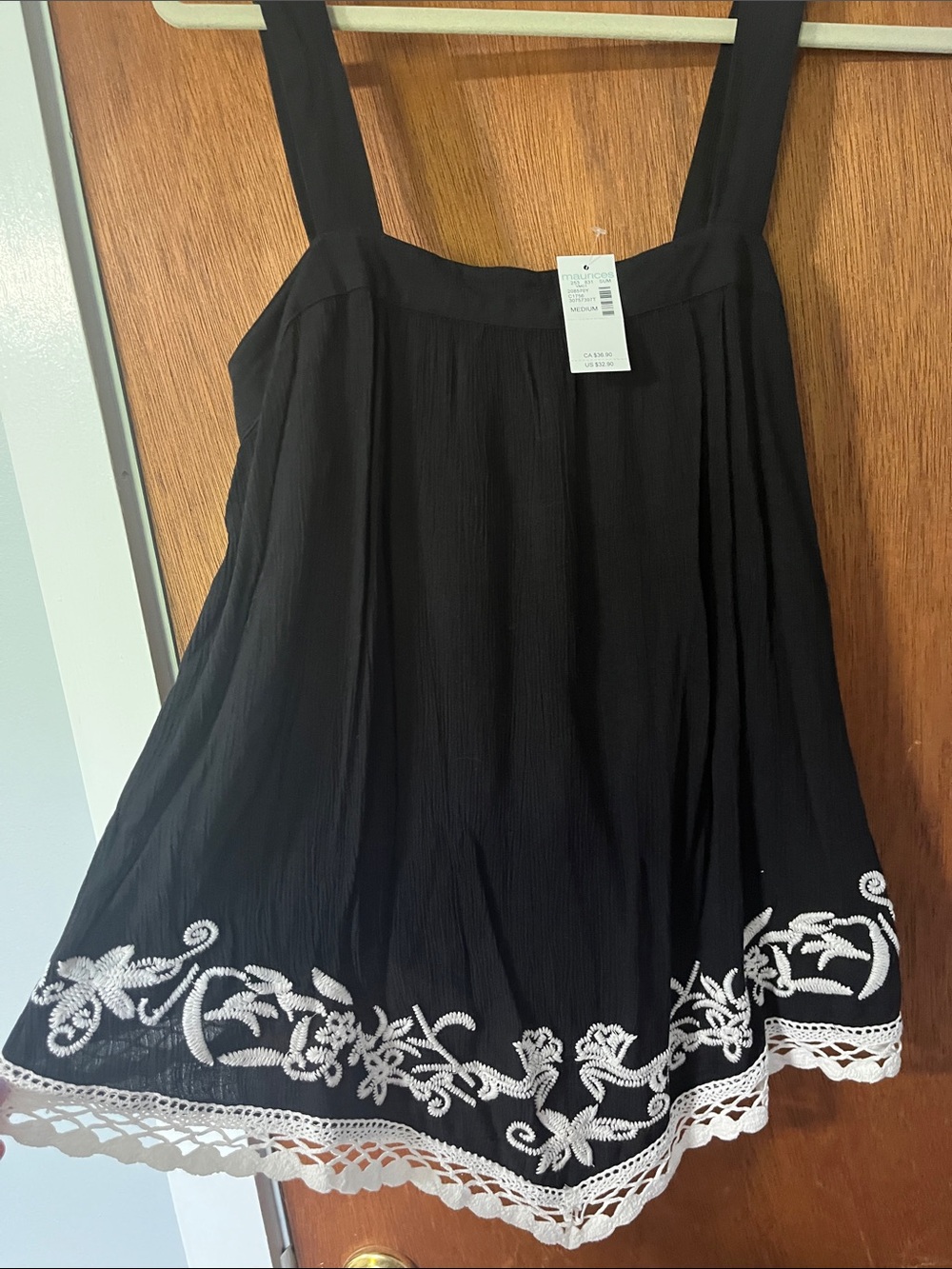 Maurices Black Tank Tunic with White Embroidered Hem